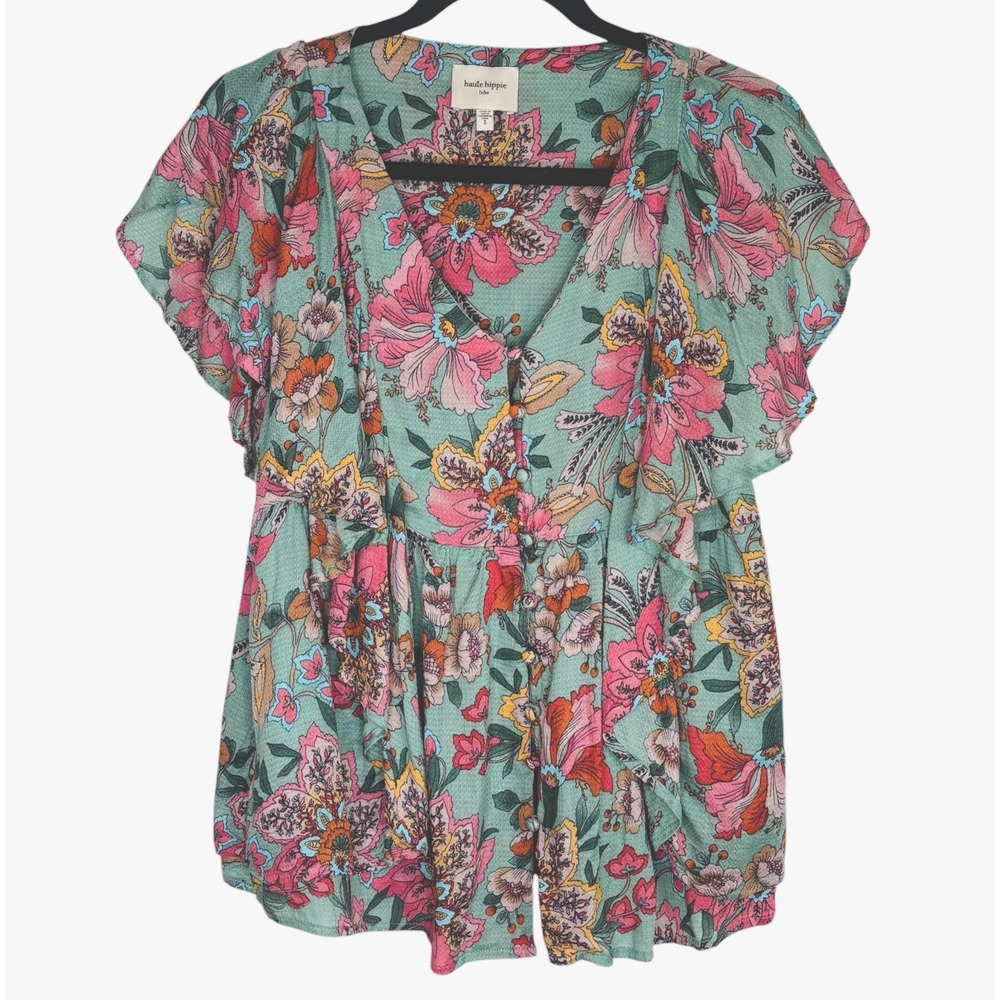 Haute Hippie Boho Karen Flutter Sl Top S Cottage Floral Peasant Romantic Ruffle